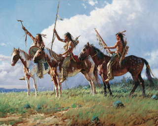Native american indians horses field - western comic book art free wallpaper for desktop