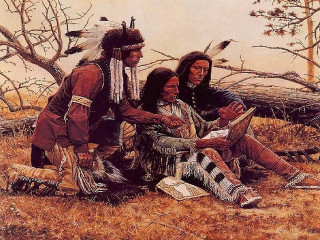 Native americans sitting bird flying - western comic book art free wallpaper