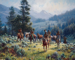 Horses riding group field mountains - an oil painting free wallpaper