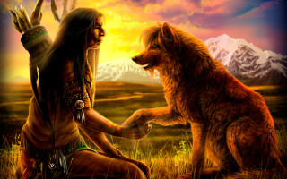 Native american man wolf field 2 - storybook illustration free wallpaper