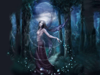 Woman dress forest moon tree - fantasy artwork free wallpaper