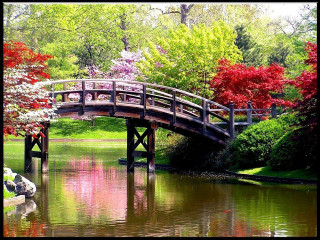 Bridge pond boat trees red - free spring wallpaper