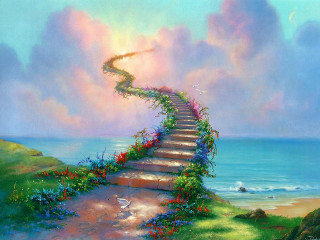 Stairway ocean flowers bird flying - kinkade free wallpaper