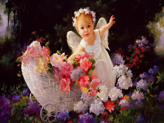 Little girl flower basket angel - classical painting free wallpaper