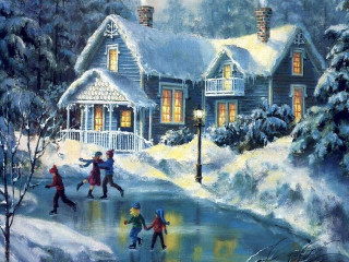 Family skating snow night house - edward lamson henry free wallpaper