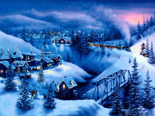 Snowy village train bridge painting - kinkade free wallpaper