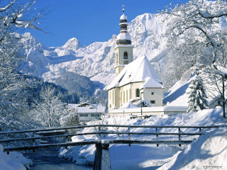 Church snowy mountain bridge forest - a bridge free wallpaper