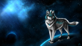 Wolf standing blue planet sky - a blue glow free wallpaper