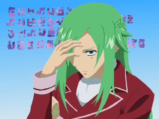 Green hair red jacket character - a white cloud free wallpaper