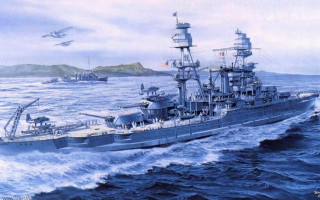 Battleship ocean plane flying sky - matte painting free wallpaper