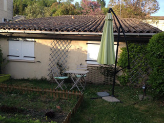 Patio table chairs umbrella backyard - composition free wallpaper