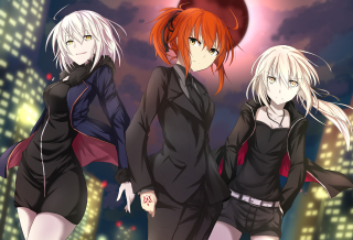 Three anime girls city night - black outfit free wallpaper