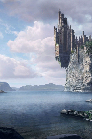 Castle cliff boat mountain sunset - the water below free wallpaper for mobile