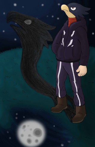 Cartoon man bird hill night - a full moon in the background free wallpaper for mobile