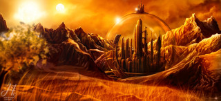 City mountains trees sun planet - free sci-fi wallpaper
