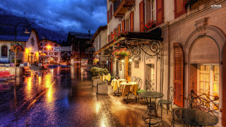 Rainy street tables chairs clock 2 - rainy free wallpaper