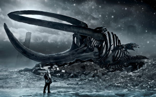 Man dinosaur skeleton ocean sky - biopunk free wallpaper