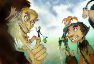 Cartoon group people sky background - a cartoon style free wallpaper