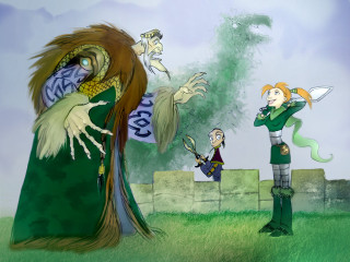 Cartoon woman dragon man green - a green dress holding free wallpaper for desktop