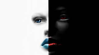 Woman red eyes black white - a black background free wallpaper for desktop