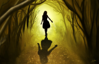 Woman walking forest shadow light - storybook illustration free wallpaper
