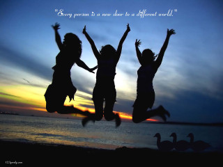 Three girls jumping sunset quote 2 - a quote above them free wallpaper