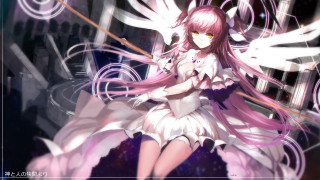 Girl pink hair sword purple - white wing free wallpaper
