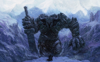 Giant robot snow sword mountain - his hand and a mountain in the background free wallpaper