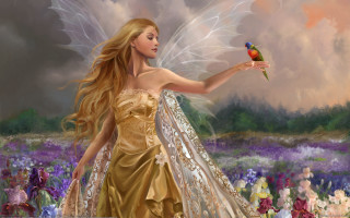 Beautiful woman golden dress holding - her hand and a bird free wallpaper