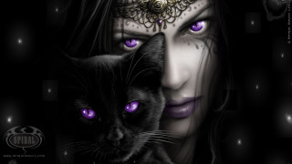 Woman purple eyes black cat - purple eye free wallpaper