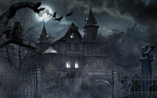Creepy house bats night full - free halloween wallpaper