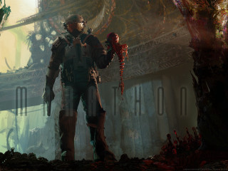 Futuristic man red object giant - a futuristic suit holding free wallpaper