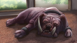 Dog laying floor head collar - ultra realistic digital art free wallpaper for desktop