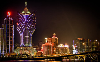 City skyline lit building bridge - red light free wallpaper