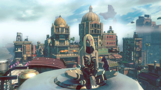 Futuristic city statue man woman - top of a building free wallpaper for desktop