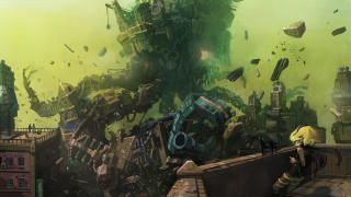 Man giant robot building city - top of a building next free wallpaper