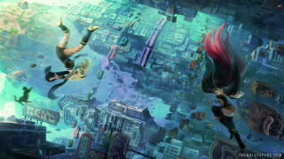 Couple flying cityscape buildings clock - league of legends concept art free wallpaper for desktop