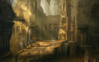 Fantasy city giant clock tower - the sidewalk free wallpaper