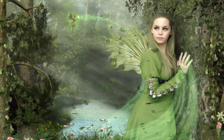 Woman green dress forest stream - free fantasy wallpaper