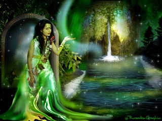 Woman green dress waterfall background - a green dress free wallpaper