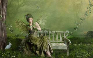 Woman green dress bench forest - a bench in a forest free wallpaper