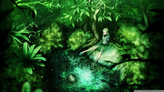 Woman sitting tree forest stream - storybook illustration free wallpaper