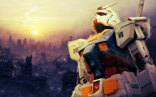 Robot suit city skyline sunset - mecha free wallpaper