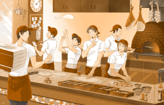 Cartoon kitchen cooking pizza group - a cartoon of a group free wallpaper