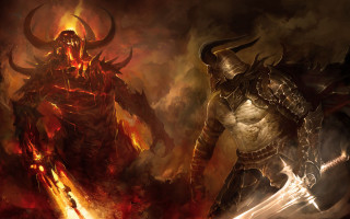 Demonic men horns armor fire - scene free wallpaper
