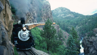 Train forest valley river mountain - kodachrome free wallpaper