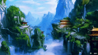 Mountain landscape river pagoda painting 2 - a painting of a mountain landscape free wallpaper for desktop