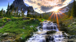 Waterfall mountain sunbeam greenfield fantasy - a green field below free wallpaper