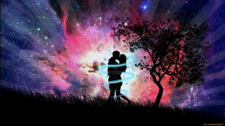 Couple kissing tree field stars - cosmic free wallpaper