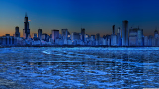 City skyline ice water floes - the ground in front free wallpaper for desktop